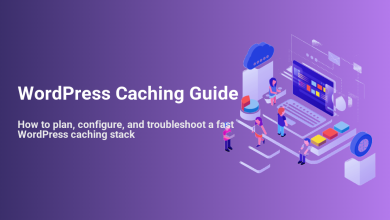 Illustration for a WordPress Caching Guide, depicting a cloud, computer, and people optimizing a fast WordPress caching stack.