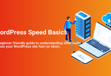 Illustration showing a man optimizing a server, connected to a laptop, phone, and cloud, representing WordPress speed optimization.