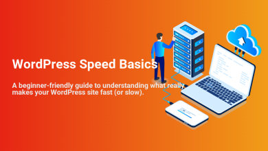 Illustration showing a man optimizing a server, connected to a laptop, phone, and cloud, representing WordPress speed optimization.
