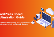 WordPress Speed Optimization Guide. Isometric illustration shows a laptop, cloud, and server infrastructure for speeding up WordPress sites.