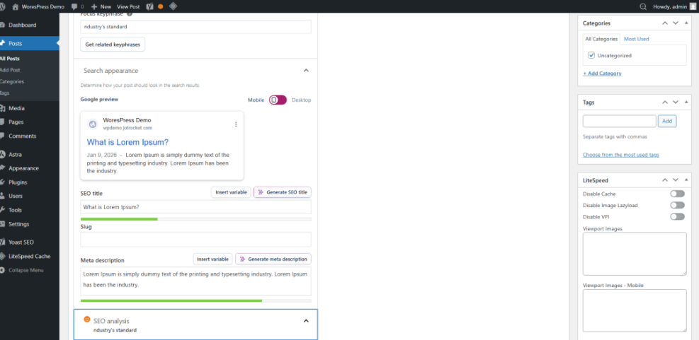 WordPress post editor showing Yoast SEO search appearance preview, SEO title, slug, meta description, and LiteSpeed Cache options.
