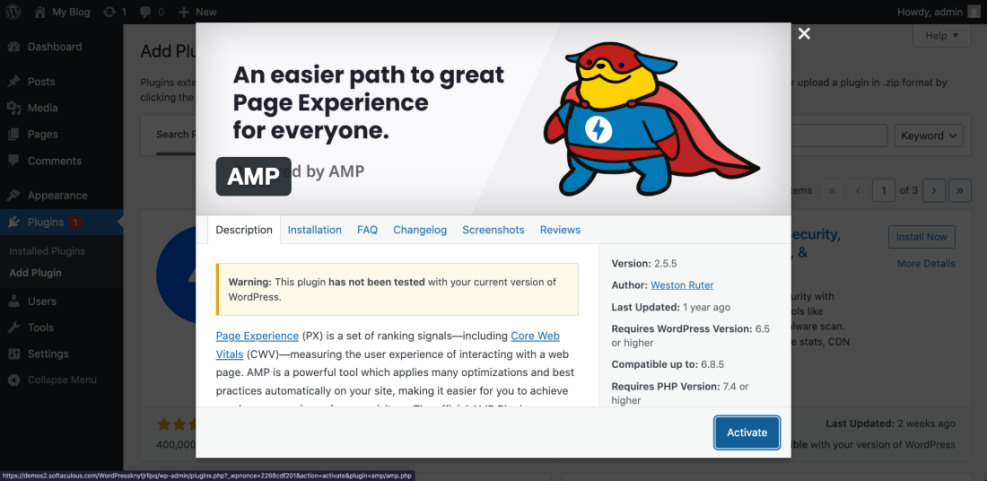 AMP WordPress plugin installation screen showing version, author, compatibility warning, and an 'Activate' button in the admin dashboard.