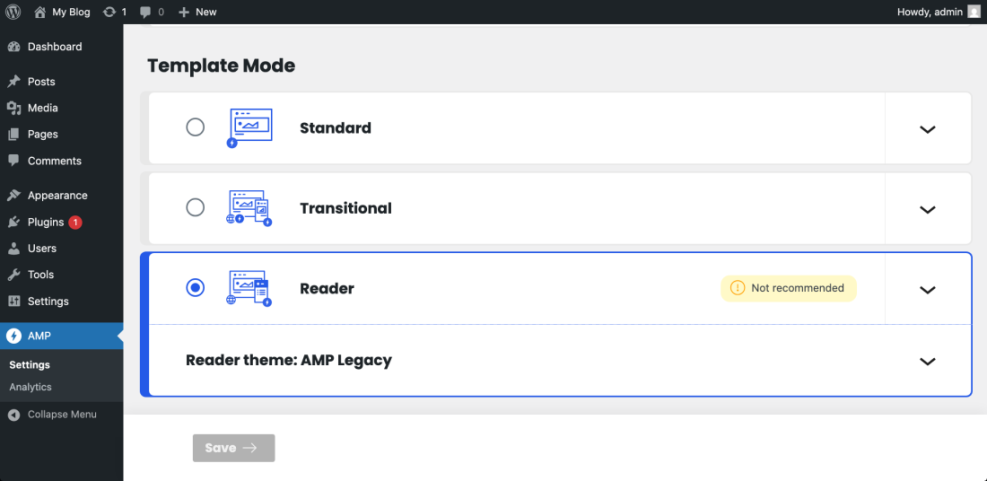 WordPress AMP plugin template mode settings with Reader mode selected and a 'Not recommended' warning, showing Standard, Transitional, and Reader options for implementing AMP on a WordPress site.