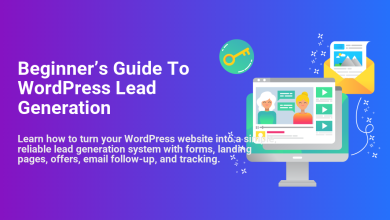 Illustration for a beginner's guide to WordPress lead generation, featuring a website, video, key, email, forms, landing pages, and tracking.