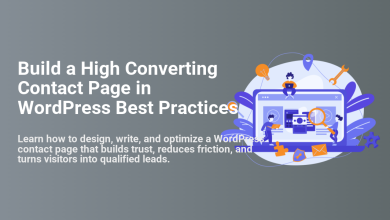 Illustration for building a high-converting WordPress contact page, showing website optimization, design, and lead generation with a laptop and icons.