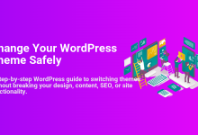 Illustration showing people safely changing a WordPress theme on desktop, tablet, and mobile screens, representing a step-by-step guide to updating website design, content, and SEO.