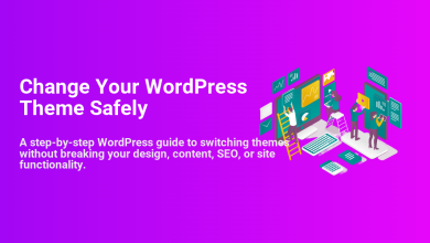 Illustration showing people safely changing a WordPress theme on desktop, tablet, and mobile screens, representing a step-by-step guide to updating website design, content, and SEO.