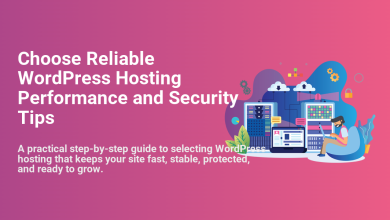 Illustration showing a person managing WordPress hosting infrastructure with servers, cloud, network, and security elements for reliable site performance and security.