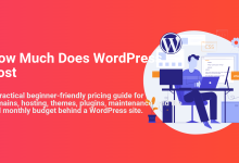 Developer calculating WordPress cost, sitting at a desk with monitors displaying code, WordPress logo, CSS, and HTML icons.
