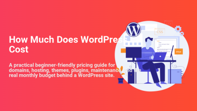 Developer calculating WordPress cost, sitting at a desk with monitors displaying code, WordPress logo, CSS, and HTML icons.