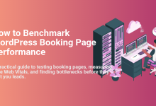 Illustration of a developer benchmarking WordPress booking page performance, testing Core Web Vitals, and optimizing server settings.