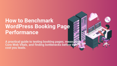 Illustration of a developer benchmarking WordPress booking page performance, testing Core Web Vitals, and optimizing server settings.