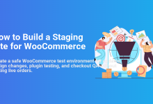 Illustration: How to Build a Staging Site for WooCommerce, showing a funnel and people testing e-commerce changes safely.