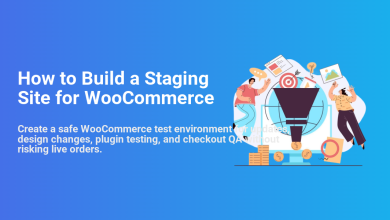 Illustration: How to Build a Staging Site for WooCommerce, showing a funnel and people testing e-commerce changes safely.