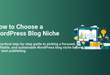 A visual guide to choosing a profitable WordPress blog niche with data analysis, brainstorming, and strategic planning.