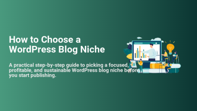 A visual guide to choosing a profitable WordPress blog niche with data analysis, brainstorming, and strategic planning.