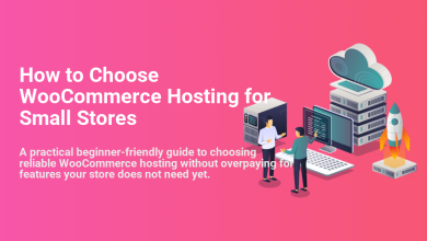Illustration of people managing servers and cloud infrastructure, with a rocket, representing choosing reliable WooCommerce hosting for small stores focused on speed and scalability.