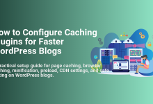 How to configure caching plugins for faster WordPress blogs, with an illustration of servers, cloud, and a person working on optimization.