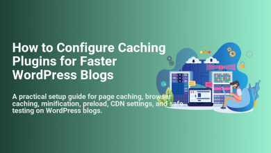 How to configure caching plugins for faster WordPress blogs, with an illustration of servers, cloud, and a person working on optimization.