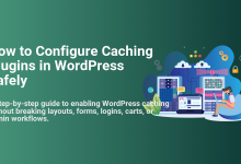 Illustration of a person optimizing server performance with a laptop, surrounded by server racks, cloud icons, and a padlock, depicting safe WordPress caching configuration.