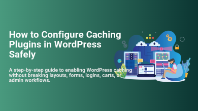 Illustration of a person optimizing server performance with a laptop, surrounded by server racks, cloud icons, and a padlock, depicting safe WordPress caching configuration.