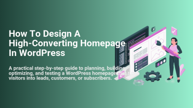 Illustration of a person designing a high-converting WordPress homepage on a computer screen, optimizing layout and elements.