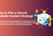 Church website content strategy planning with WordPress, showing icons for pages, sermons, events, donations, and local SEO.