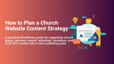 Church website content strategy planning with WordPress, showing icons for pages, sermons, events, donations, and local SEO.