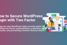 Guide on how to secure WordPress login with two-factor authentication, showing the title text and an illustration of people studying security.