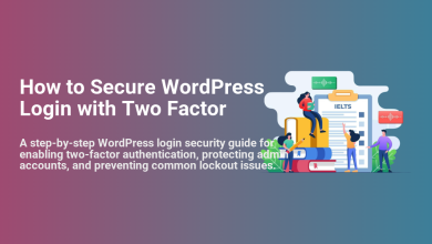Guide on how to secure WordPress login with two-factor authentication, showing the title text and an illustration of people studying security.
