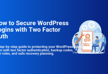 Illustration of a team securing WordPress logins with Two Factor Auth on a mobile device, showing gears, updates, and collaborative management.