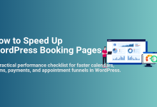 Man optimizing WordPress booking pages on a laptop with performance charts and a speed gauge, demonstrating how to achieve faster booking processes.
