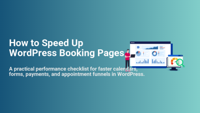 Man optimizing WordPress booking pages on a laptop with performance charts and a speed gauge, demonstrating how to achieve faster booking processes.