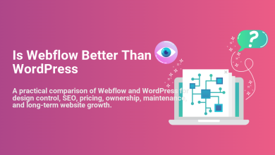 Webflow vs WordPress comparison graphic featuring an eye, question mark, and laptop with circuit board, highlighting design, SEO, pricing, maintenance, and growth.
