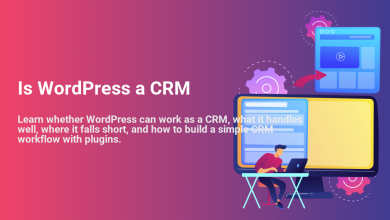 Illustration showing a user exploring WordPress CRM capabilities on a laptop and monitor, demonstrating lead and customer management with plugins.