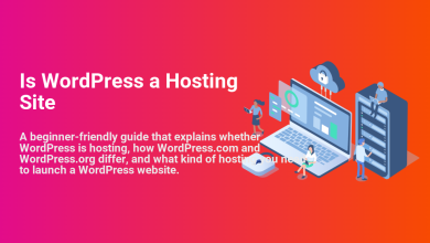 Illustration asking 'Is WordPress a Hosting Site' with people managing a website, server, and cloud; explaining WordPress hosting differences.