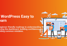Two people easily learning WordPress, building a website on desktop and mobile with design tools.