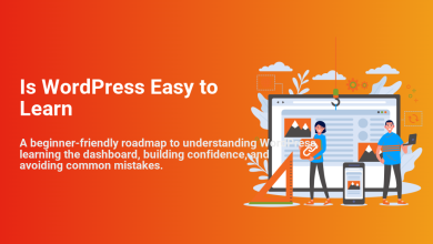 Two people easily learning WordPress, building a website on desktop and mobile with design tools.