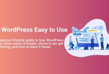 Illustration with 'Is WordPress Easy to Use' headline, depicting people learning and managing a website on a computer, symbolizing a beginner-friendly guide.