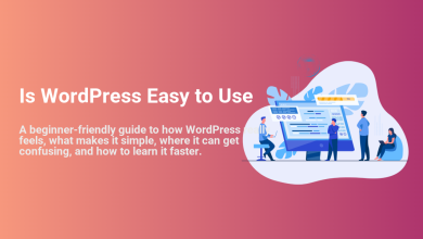 Illustration with 'Is WordPress Easy to Use' headline, depicting people learning and managing a website on a computer, symbolizing a beginner-friendly guide.