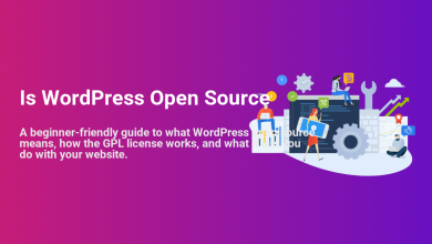 WordPress Open Source explanation featuring developers, code, and web tools, highlighting the collaborative and modifiable nature of the platform.