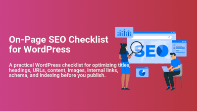 On-Page SEO checklist for WordPress, with illustrations of a woman using a magnifying glass on 'SEO' text and a man working on a laptop, showing search optimization and analytics.