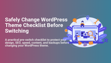 Safely changing WordPress theme checklist. Illustration with laptop, people, and icons representing design, SEO, speed, content, and backups.