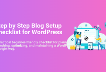Illustration of two people setting up a WordPress blog, managing design, content, and settings for a step-by-step blog setup.