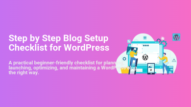 Illustration of two people setting up a WordPress blog, managing design, content, and settings for a step-by-step blog setup.