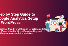 Step-by-step guide to Google Analytics setup in WordPress, illustrating GA4 and Site Kit integration with people analyzing website data.