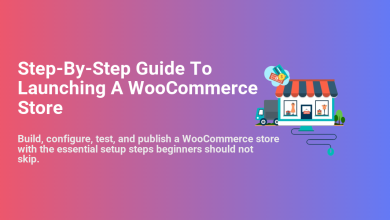 Illustration: Step-By-Step Guide To Launching A WooCommerce Store, featuring an online shop, delivery truck, and payment.