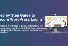 Illustration of a team securing WordPress logins on a computer, emphasizing stronger passwords, two-factor authentication, and access controls.