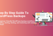 Illustration of small figures working on a large computer monitor displaying a website under maintenance, symbolizing a step-by-step guide to WordPress backups and restoration.