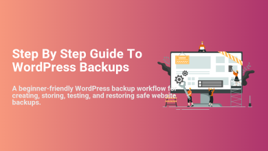 Illustration of small figures working on a large computer monitor displaying a website under maintenance, symbolizing a step-by-step guide to WordPress backups and restoration.